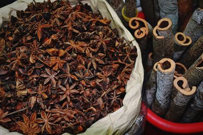 High angle view of spices for sale in market