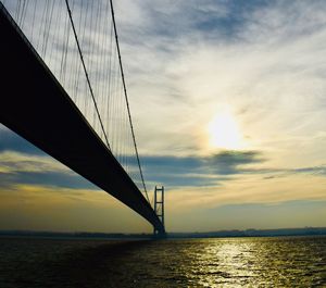 Silhouette bridge over sea against sky during sunset