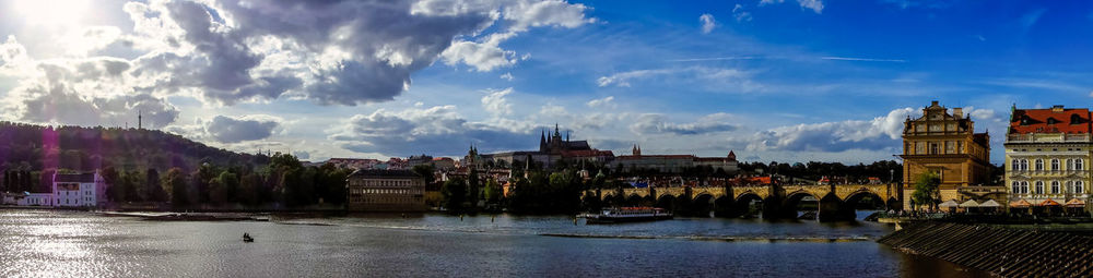 Panoramic view of buildings by river against sky