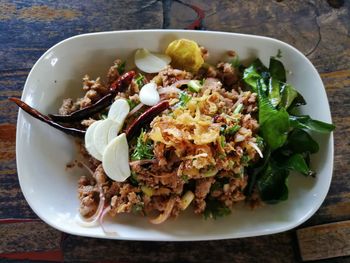 High angle view of meal served on table