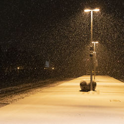 Street light on snow covered road at night