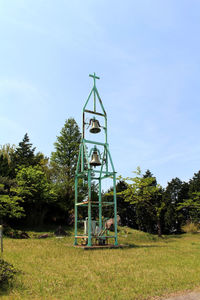 Traditional windmill on field against sky