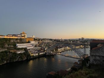 Bridge over river against sky at sunset