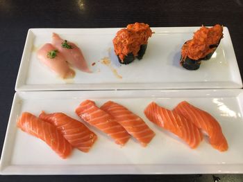 Close-up of sushi served in plate