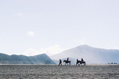 People riding horses on field against sky