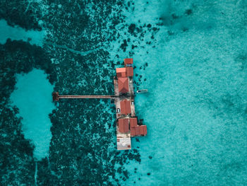 Aerial view of water chalet resort in bum bum island in semporna, sabah, malaysia.