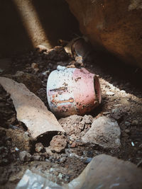 High angle view of old rusty metal