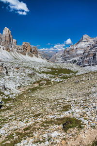 Scenic view of snowcapped mountains against blue sky