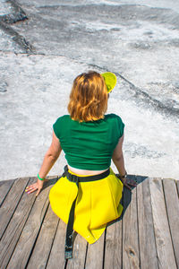 Rear view of woman sitting on wood