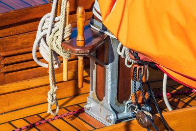 High angle view of boat deck during sunny day