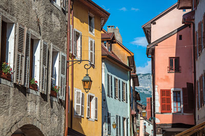 Facade of old and colorful buildings at the annecy city center, france.