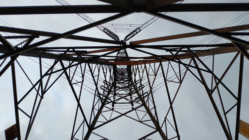 Low angle view of electricity pylon against sky
