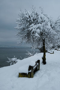 Scenic view of snow covered land against sky