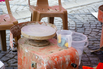 High angle view of old tea light on table