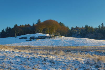 Scenic view of snow covered landscape against clear blue sky