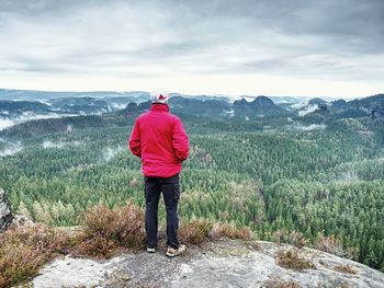 Rear view of man standing on landscape against sky