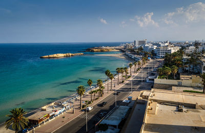 High angle view of monastir townscape by sea