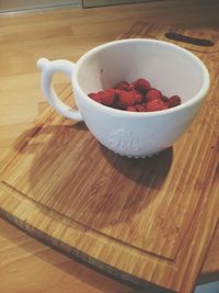 High angle view of fruits in bowl on table