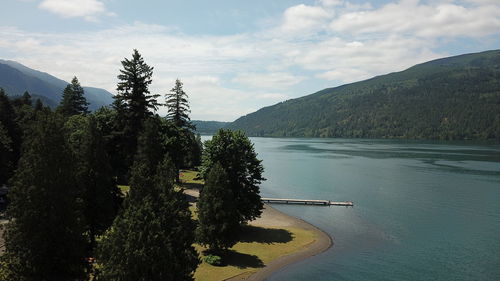 High angle view of trees by sea against sky