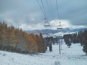 Overhead cable cars over snow covered landscape