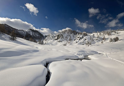 Scenic view of snowcapped mountains against sky