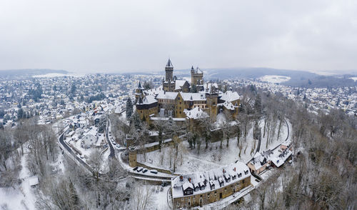 High angle view of city against sky during winter