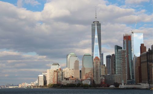 Skyscrapers against cloudy sky