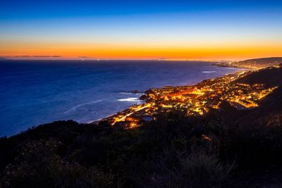 High angle view of sea against sky at sunset