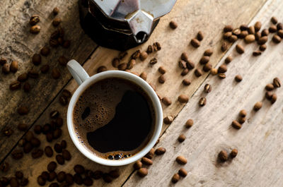 High angle view of coffee cup on table