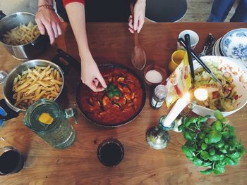 High angle view of food served on table at home
