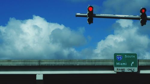 Low angle view of road sign against sky