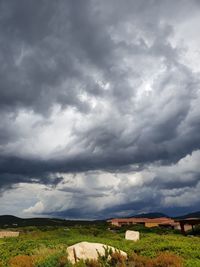 Scenic view of field against cloudy sky