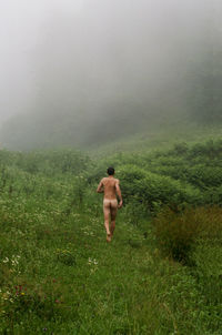 Rear view of man standing on grassy field