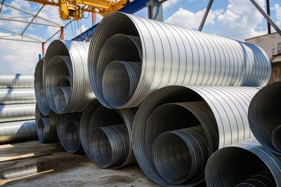 Ventilation pipe warehouse. steel pipes, parts for the construction of air ducts for an industrial