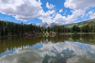 Landscape of sprague lake with cloud reflections, forest and mountains 