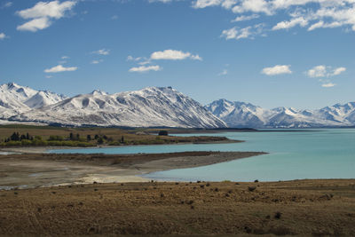 Scenic view of lake and snowcapped mountains against sky