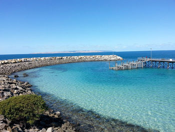 Scenic view of sea against clear blue sky