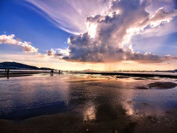 Scenic view of beach against sky during sunset