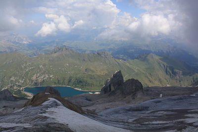 Panoramic view of snowcapped mountains against sky