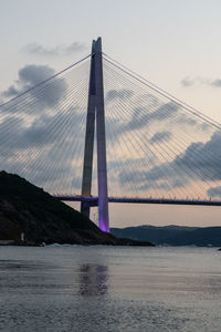 Suspension bridge over river against cloudy sky