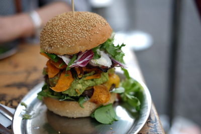 Close-up of burger in plate