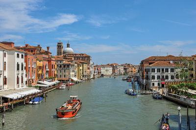 Overview of the grand canal with boats and buildings in venice, italy.