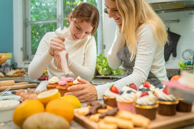 Woman preparing food on table