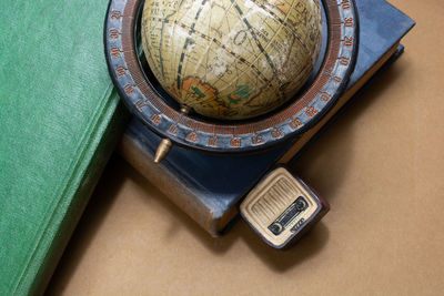 High angle view of wristwatch on table