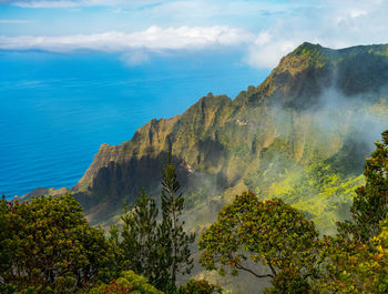 Scenic view of sea and mountains against sky