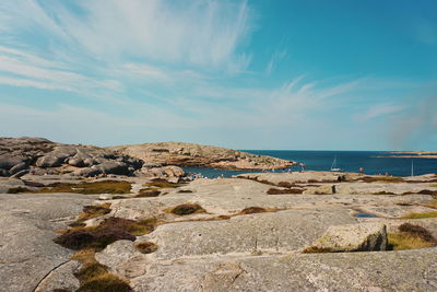 Scenic view of rocky shore against sky