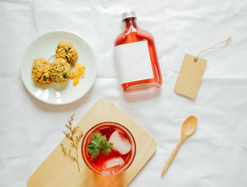 High angle view of food served on table