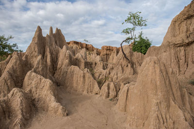 Rock formations on landscape against sky