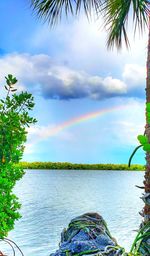 Scenic view of rainbow over sea against sky