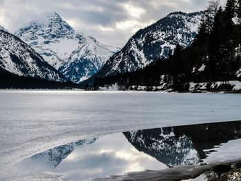 Scenic view of snowcapped mountains and lake against sky